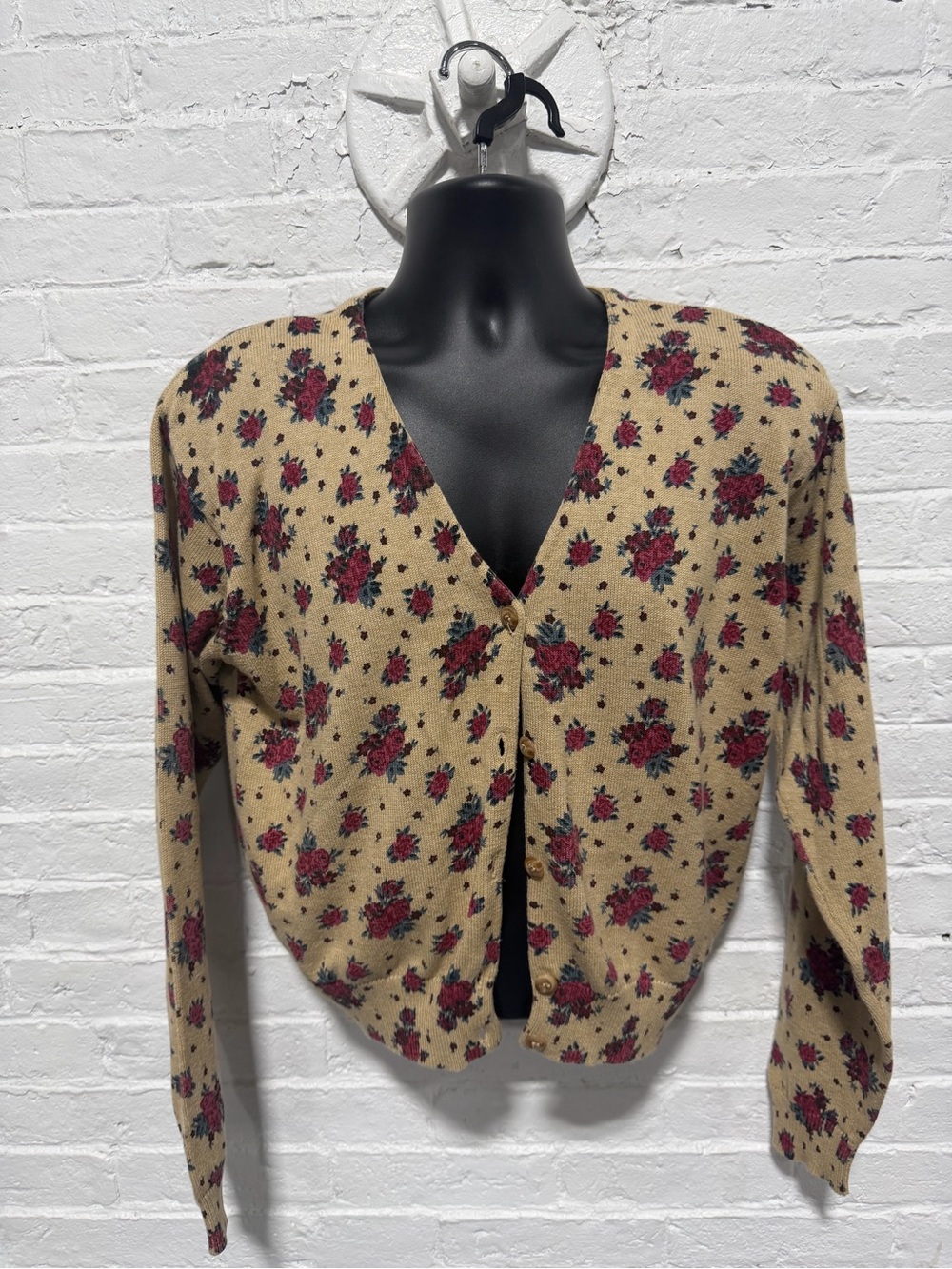 Liz Claiborne Beige Cardigan with Red Rose Print